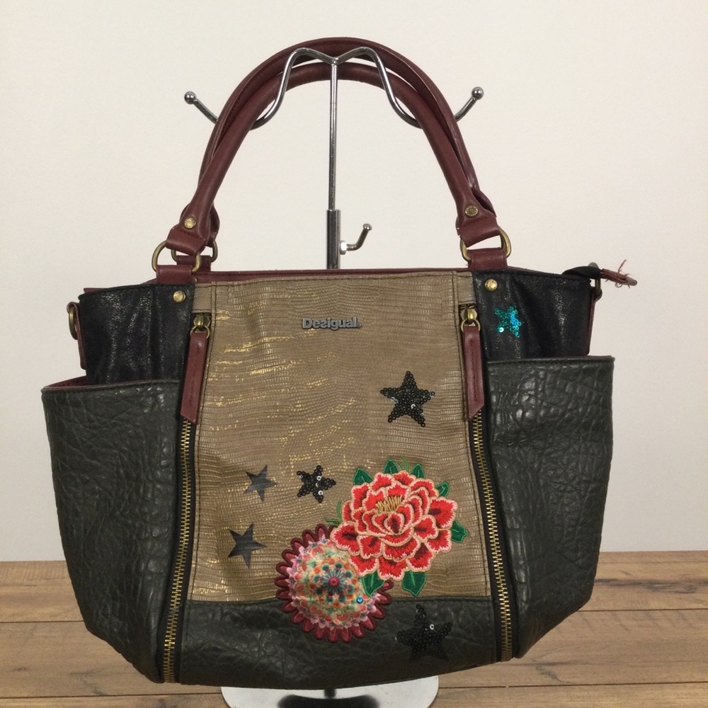 DESIGUAL Vinyl Floral Handbag with Varied Colours and Textures